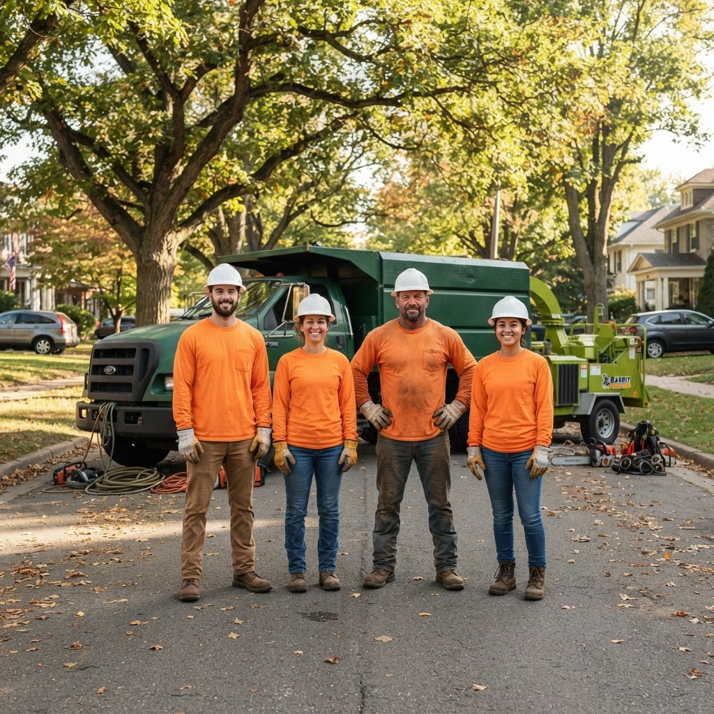 The Winston Salem Tree Service crew in hard hats and hi-vis shirts beside their chip truck