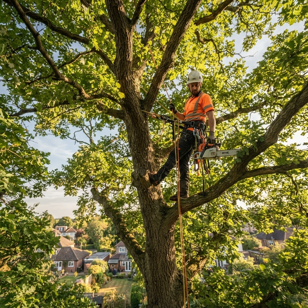 Certified arborist climbing a mature oak tree with rope and harness in Winston-Salem, NC
