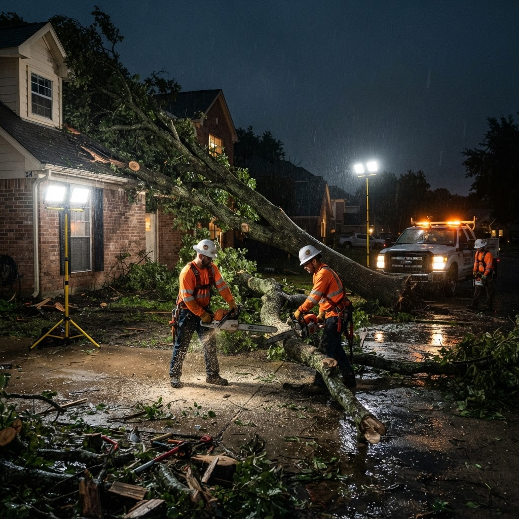 Night crew clearing a fallen oak from a driveway and roof after a storm