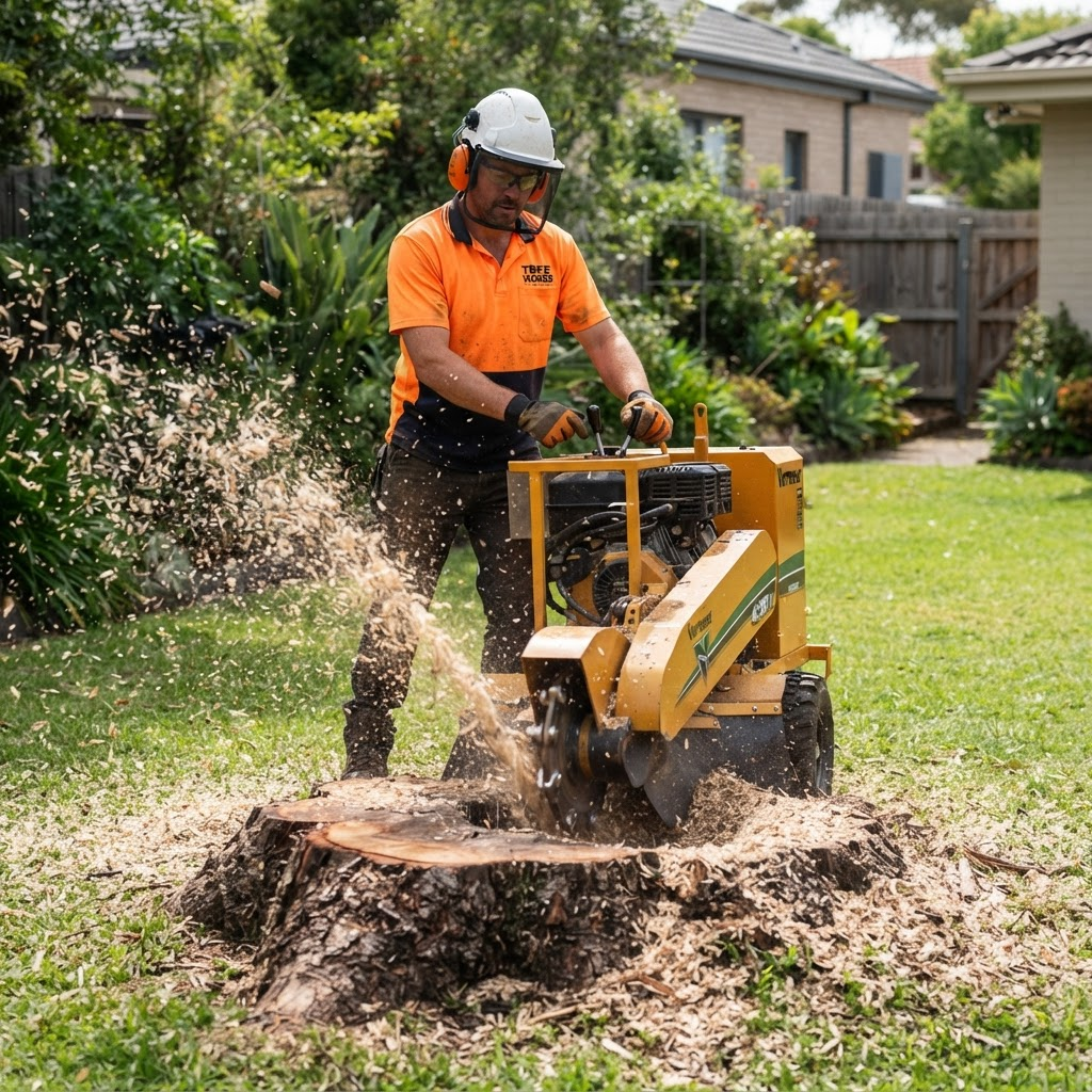 Stump grinder removing a large tree stump from a backyard lawn